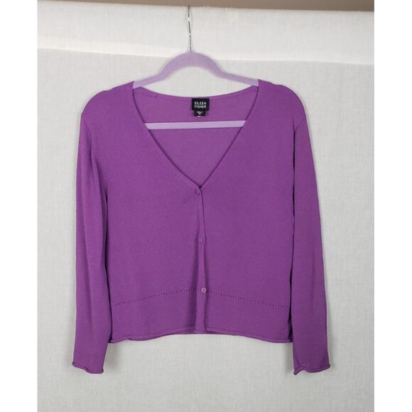 Eileen Fisher Cardigan M Button Front Purple Cropped Casual Stencil Hem Design - Picture 1 of 5